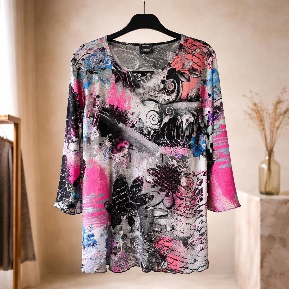 Jostar Womens L Grafitti‎ Floral 3/4 Sleeve Top Pink Blue Black Slinky USA